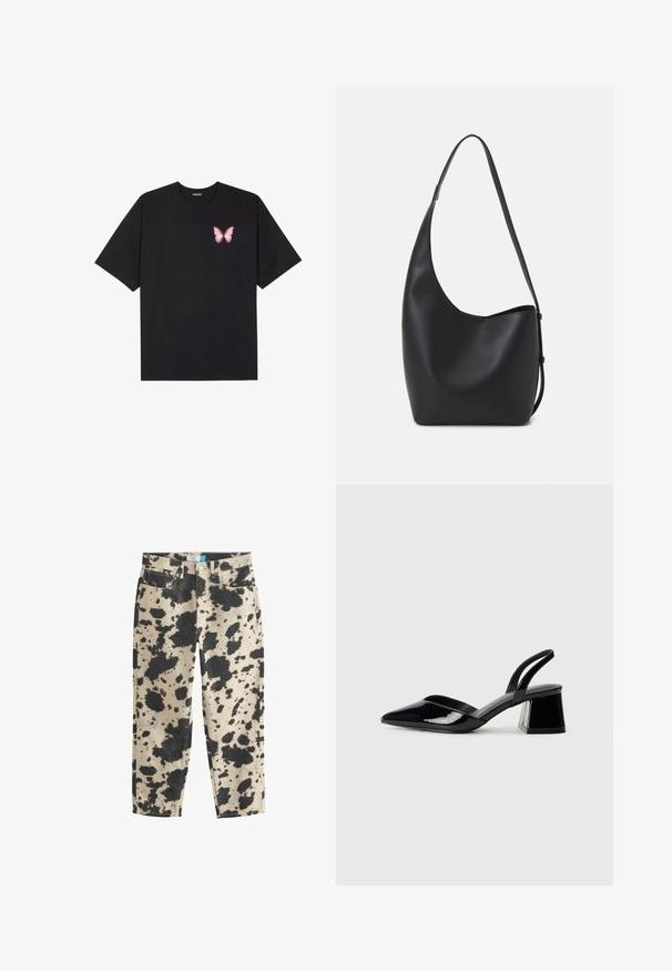 T-shirt nera in cotone con maniche corte, caratterizzata da una piccola grafica di una farfalla rosa sul lato sinistro del petto. Design a girocollo con una vestibilità rilassata.; Jeans in cotone beige con un motivo a macchie nere, caratterizzati da gambe dritte, cinque tasche e hardware in metallo. Bordo pulito ai polsini.; Décolleté in vernice nera con punta affusolata e tacco in geometria cubica. Presentano un design elegante e minimalista, con una texture liscia.; Borsa hobo nera in pelle con una superficie liscia, forma curvata e una singola tracolla regolabile; presenta un'ampia apertura nella parte superiore.
