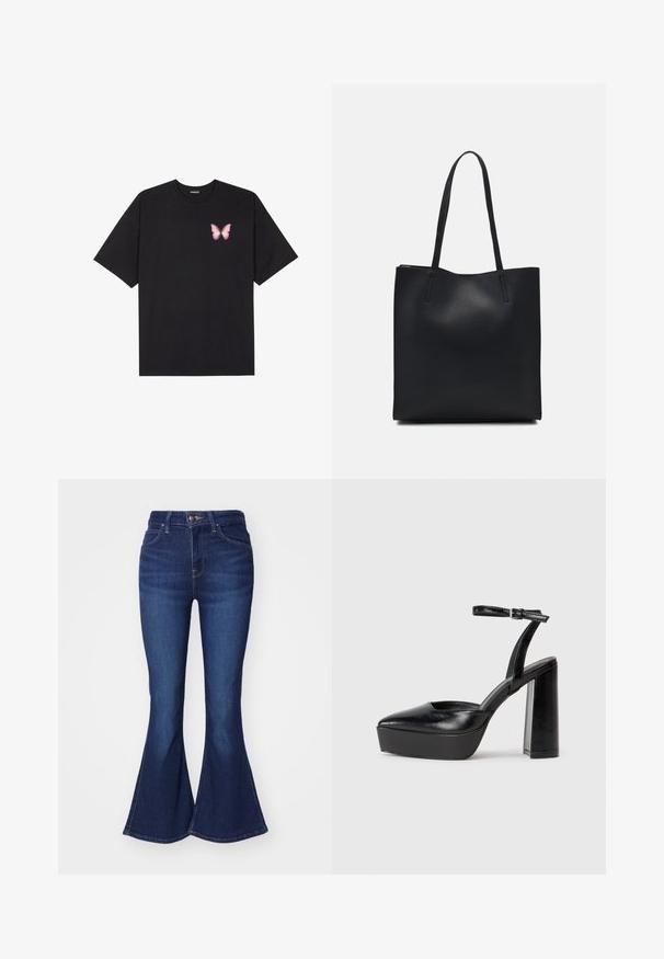 Svart bomulls T-skjorte med korte ermer, med en liten rosa sommerfugl grafikk på venstre bryst. Crew-neck design med en avslappet passform.; Mørkeblå utsvingte jeans laget av denim, med høy livhøyde, fem lommer og knappelukking, med en lett falming av fargen på lårene.; Sorte plattformhelter med spiss tå og justerbar ankelrem. Laget av glatt lær, med en robust blokkhel.; Svart lær tote bag med glatt tekstur, rektangulær form og to lange håndtak. Ingen synlige deler eller dekorasjoner.