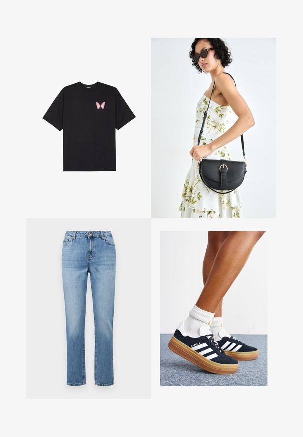 Black cotton t-shirt with short sleeves, featuring a small pink butterfly graphic on the left chest. Crew neck design with a relaxed fit.; Light blue straight-leg jeans made of denim, featuring a waistband with belt loops, front pockets, and subtle fading details.; Black suede sneakers with white stripes and accents, rounded toe, gum rubber outsole, paired with white ribbed crew socks.; Black leather handbag with a curved shape, detachable strap, and gold hardware. The bag features a flap with a buckle detail.