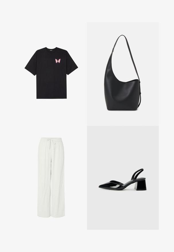 Zwarte katoenen t-shirt met korte mouwen, voorzien van een kleine roze vlinder graphic op de linkerkant van de borst. Crew neck ontwerp met een relaxte fit.; Brede broekspijpen in lichtgrijs, gemaakt van zacht, gemeleerd stof. Voorzien van een elastische tailleband met een trekkoord voor een verstelbare pasvorm.; Zwarte gepatineerde leren slingback hakken met een spitse neus en een geometrische blokhak. Kenmerkt zich door een slank, minimalistisch ontwerp en een gladde textuur.; Zwarte leren hobo tas met een gladde textuur, kromme vorm en een enkele verstelbare schouderband; heeft een brede opening aan de bovenkant.