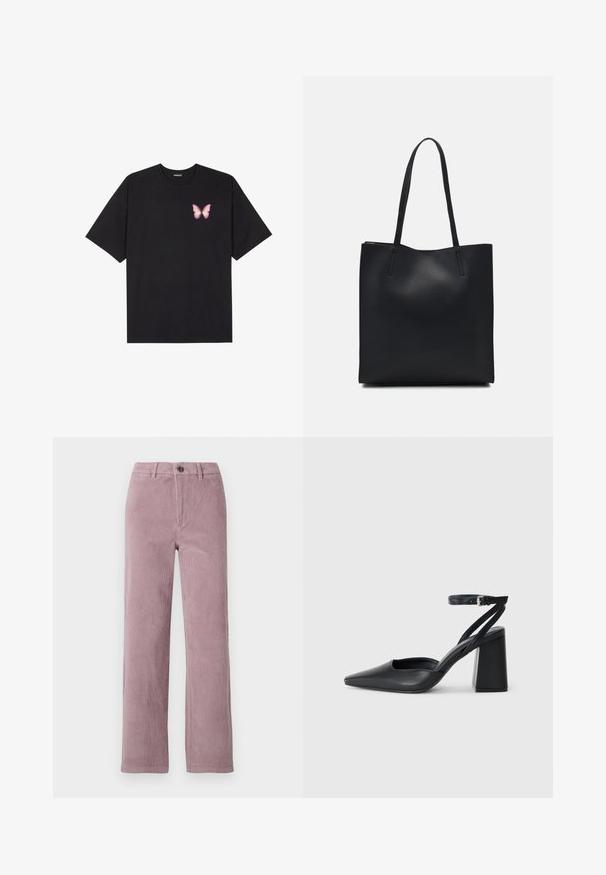 T-shirt en coton noir à manches courtes, avec un petit graphique de papillon rose sur la poitrine gauche. Modèle à col rond avec une coupe décontractée.; Pantalon en velours côtelé de couleur mauve clair avec une coupe droite. Il présente une fermeture à bouton à l'avant et une texture à côtes verticales.; Escarpin noir en cuir à bout pointu avec une bride de cheville et un talon épais. Texture lisse, design élégant et esthétique minimaliste.; Sac fourre-tout en cuir noir avec une texture lisse, de forme rectangulaire et deux longues poignées. Pas de matériel ou d'ornementations visibles.