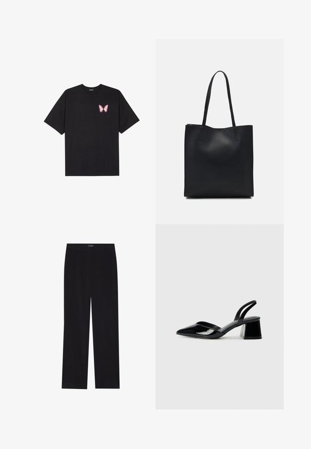 Juodas medvilnės marškinėliai trumpomis rankovėmis, su maža rožine drugelio grafika kairėje krūtinės pusėje. Apvalus kaklo iškirpimas, laisvas kirpimas.; Juodi švelnūs štrichiniai džinsai su tiesiu kirpimu, plokščiu liemeniu ir be matomų kišenių, su glotnia tekstūra ir vertikaliu briaunavimu.; Juodos lakuotos odinės šlepetės su smailiu pirštu ir geometriniu bloko kulnu. Turi elegantišką, minimalistinį dizainą ir lygų paviršių.; Juodas odinis tote krepšys su lygia tekstūra, stačiakampio formos ir dviem ilgais rankenomis. Matomų metalinių detalių ar puošybos nėra.