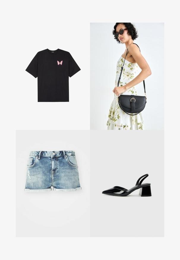 Musta puuvillapaita lyhyillä hihoilla, jossa on pieni vaaleanpunainen perhosgrafiikka vasemmassa rinnassa. Pyöreä kaula-aukko ja rento istuvuus.; Vaaleansinisiä farkkushortsit, joissa on käärityt lahkeet, viisi taskua ja kulutettu yksityiskohta rentoa ilmettä varten.; Mustat patentoitu nahkakengät, joissa on säären takaosa ja terävä kärki, sekä geometrinen palikkakorko. Sisältää tyylikkään, minimalistisen muotoilun ja sileän pinnan.; Musta nahkainen käsilaukku, joka on kaareva muotoilultaan, irrotettavalla hihnalla ja kultaisilla yksityiskohdilla. Laukussa on läppä, jossa on solk yksityiskohta.