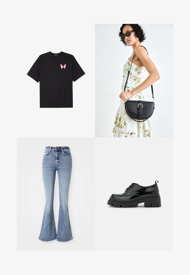 Zwarte katoenen t-shirt met korte mouwen, voorzien van een kleine roze vlinder graphic op de linkerkant van de borst. Crew neck ontwerp met een relaxte fit.; Lichtblauwe high-waisted denim jeans met uitlopende pijpen, een knoop aan de voorkant en zakken, gepresenteerd op een witte achtergrond.; Zwarte gepatineerde leren schoenen met een chunky platformzool en dikke veters. Ronde neus, minimale details en een kleine hieltab aan de achterkant.; Zwarte leren handtas met een gebogen vorm, afneembare schouderband en gouden hardware. De tas heeft een klep met een gespsluiting.