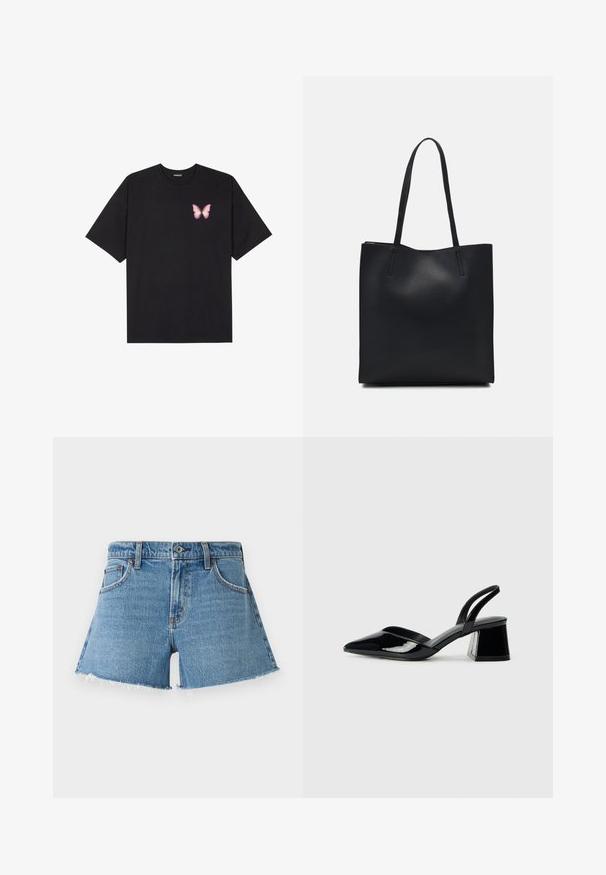 Must muströöpidega must puuvillane T-särk, vasakul rinnal on väike roosa liblikas. Ümar kaelus ja vabalt istuv lõige.; Heledundid kõrge vöökoha lühikesed püksid helesinisel toonil. Omab narmendatud äärt ja viit taskut. Klassikaline disain vaskrivitšide ja ees oleva nööpidega sulgemisega.; Mustad musta lakknahk kingad, millel on terav varvas ja geomeetriline plokkkonts. Omab elegantselt minimalistlikku disaini ja sujuvat tekstuuri.; Mustast nahast kott sujuva tekstuuriga, ristkülikukujuline ja kahe pika sangaga. Pole nähtavat riistvara ega kaunistusi.