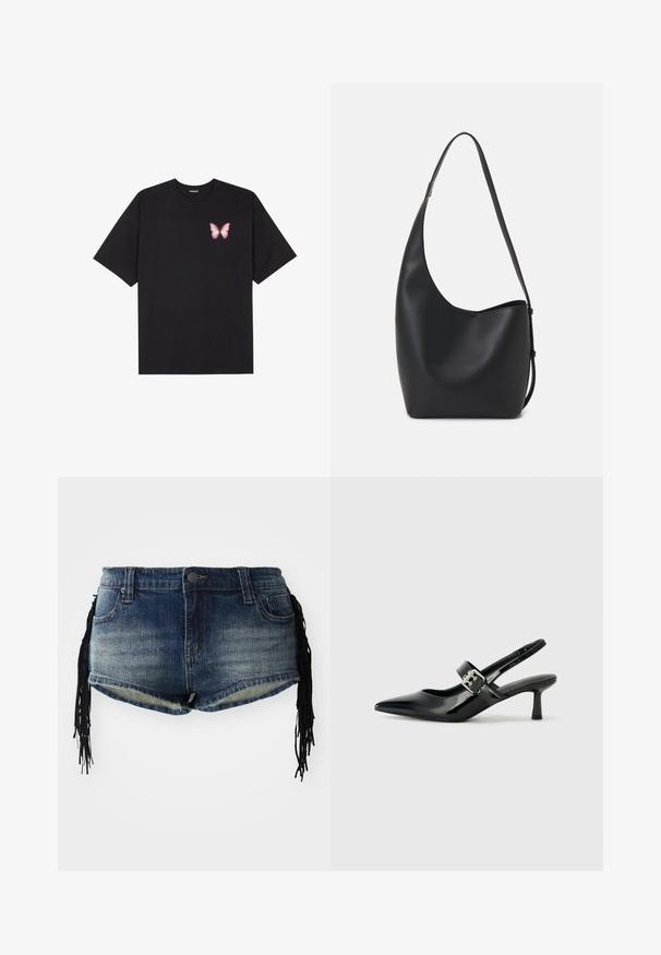 Camiseta de algodón negra de manga corta, con un pequeño gráfico de mariposa rosa en el lado izquierdo del pecho. Diseño de cuello redondo con un corte relajado.; Pantalones cortos de mezclilla en lavado azul degradado con dobladillo deshilachado y adornos de flecos negros en los lados, con bolsillos frontales y cinturilla.; Zapatos de tacón en charol negro con tira al tobillo, punta afilada y un pequeño tacón bloque, que cuentan con un acento de hebilla plateada en la correa.; Bolso tipo hobo de cuero negro con una textura suave, forma curvada y una sola correa ajustable; presenta una amplia apertura en la parte superior.