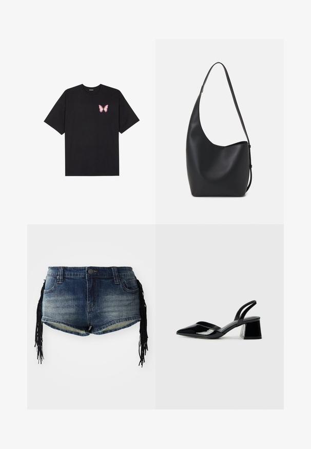 Melna kokvilnas T-krekls ar īsām piedurknēm, kuram priekšā kreisajā pusē ir neliels rozā tauriņa grafiskais attēls. Ar apaļu kaklu un brīvā stila piegriezumu.; Denim šorti ar gradienta zilo mazgāšanu, ar sakostu apakšu un melnām frizierēm sānos, ar priekšējām kabatām un jostasvidu.; Melna lakota āda ar atvērto papēdi, ar smailu purngalu un ģeometrisku blokpapēdi. Iezīmējas elegants, minimāls dizains un gluda tekstūra.; Melnas ādas hobo soma ar gludu tekstūru, izliekta forma un vienu regulējamu jostu; augšā ir plaša atvere.