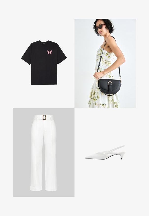 Črna bombažna majica s kratkimi rokavi, ki ima majhen roza metuljček na levi strani prsnega dela. Majica s krožnim ovratnikom in sproščenim krojem.; Bele hlače širokega kroja z pasom na pasu, z izšitimi detajli in zavihanimi hlačnicami, narejene iz gladkega materiala.; Bela slingback peta z ošiljenim nosom, z gladkim zgornjim delom, subtilnimi izrezi in nizkim blok petkom. Črna podplat poudarja dizajn.; Črna usnjena torbica s ukrivljeno obliko, z odstranljivo naramnico in zlatimi dodatki. Torbica ima pokrov s podrobnostmi v obliki zaponke.