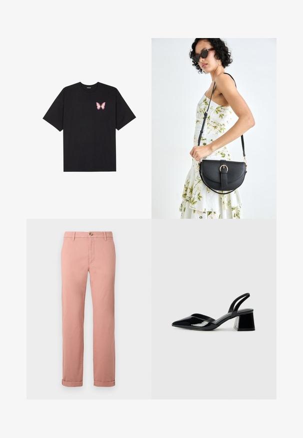 Black cotton t-shirt with short sleeves, featuring a small pink butterfly graphic on the left chest. Crew neck design with a relaxed fit.; Light pink chinos made of cotton with straight legs, featuring a front button closure, belt loops, and rolled cuffs. Smooth texture.; Black patent leather slingback heels with a pointed toe and a geometric block heel. Features a sleek, minimal design and smooth texture.; Black leather handbag with a curved shape, detachable strap, and gold hardware. The bag features a flap with a buckle detail.