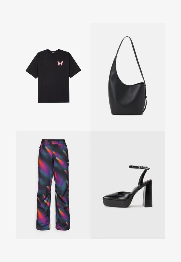 Zwarte katoenen t-shirt met korte mouwen, voorzien van een kleine roze vlinder graphic op de linkerkant van de borst. Crew neck ontwerp met een relaxte fit.; Skibroek met een zwarte basis en een meerkleurig, draaiend patroon in tinten van paars, oranje en teal; voorzien van een logo op de bovenkant van het linker been.; Zwarte plateauhakken met een puntige neus en verstelbare enkelband. Gemaakt van soepel leer, met een robuuste blokhak.; Zwarte leren hobo tas met een gladde textuur, kromme vorm en een enkele verstelbare schouderband; heeft een brede opening aan de bovenkant.