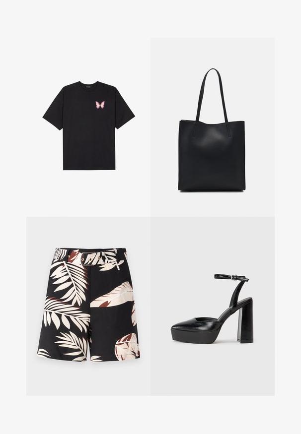 T-shirt de algodão preto com mangas curtas, apresentando um pequeno gráfico de borboleta rosa no lado esquerdo do peito. Design de gola redonda com um corte solto.; Calções pretos com um padrão de folhas tropicais em bege e cor de ferrugem. Apresentam um cinto coordenado com fechos em dourado e um corte clássico.; Saltos altos pretos com bico fino e atilho ajustável no tornozelo. Confeccionados em couro suave, apresentam um salto bloco robusto.; Bolsa tote preta em couro com textura lisa, forma retangular e duas alças longas. Sem hardware ou enfeites visíveis.