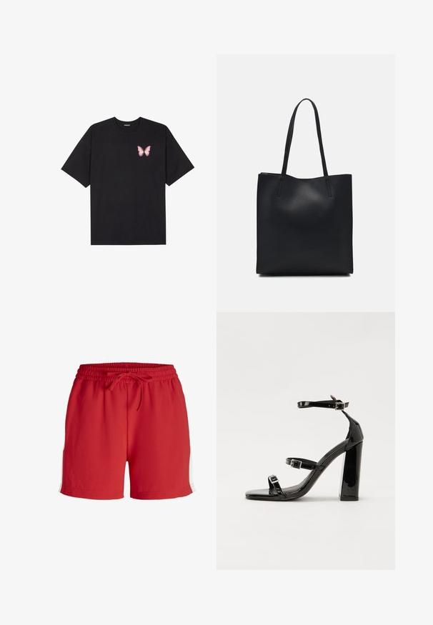 Zwarte katoenen t-shirt met korte mouwen, voorzien van een kleine roze vlinder graphic op de linkerkant van de borst. Crew neck ontwerp met een relaxte fit.; Rode sportshorts van lichtgewicht materiaal, met een elastische tailleband met trekkoord en witte zijaccenten.; Zwarte gepatenteerde sandalen met hak en een vierkante neus, enkelbandjes en zilveren gespen. Heeft een stevige blokhak voor stabiliteit.; Zwarte leren handtas met een gladde textuur, rechthoekige vorm en twee lange handvaten. Geen zichtbare hardware of versieringen.