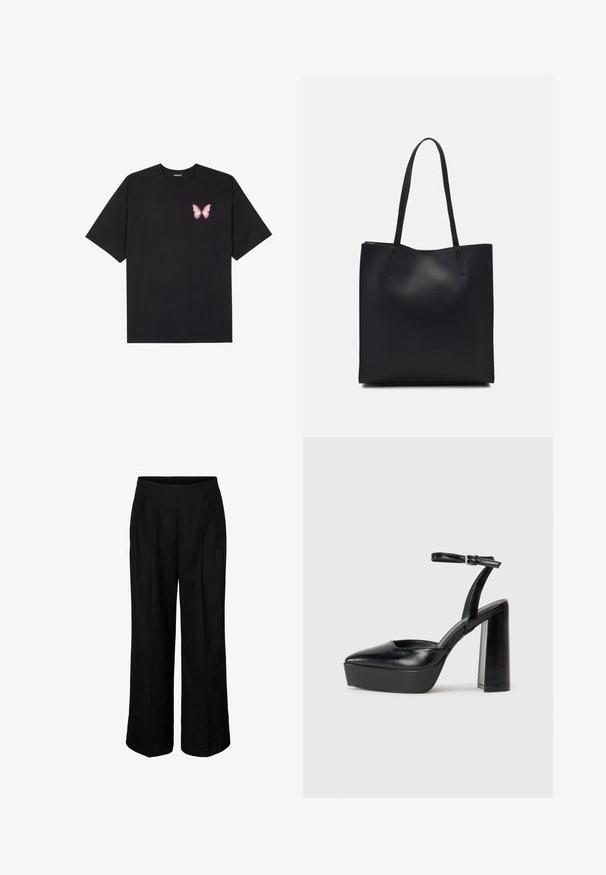 Črna bombažna majica s kratkimi rokavi, ki ima majhen roza metuljček na levi strani prsnega dela. Majica s krožnim ovratnikom in sproščenim krojem.; Črne hlače z visokim pasom in širokimi nogavicami, z zgornjimi pregibnimi šivi in stranskimi žepi, zasnovane za formalno ali poslovno nošenje.; Črne platforme z visokimi petami in koničastim nosom ter nastavljivim gležnjenjskim trakom. Narejene iz gladke usnje, s kockasto peto.; Črna usnjena torba s svilnato teksturo, pravokotne oblike in dvema dolgima ročajema. Brez vidnih metalnih delov ali okrasnih elementov.