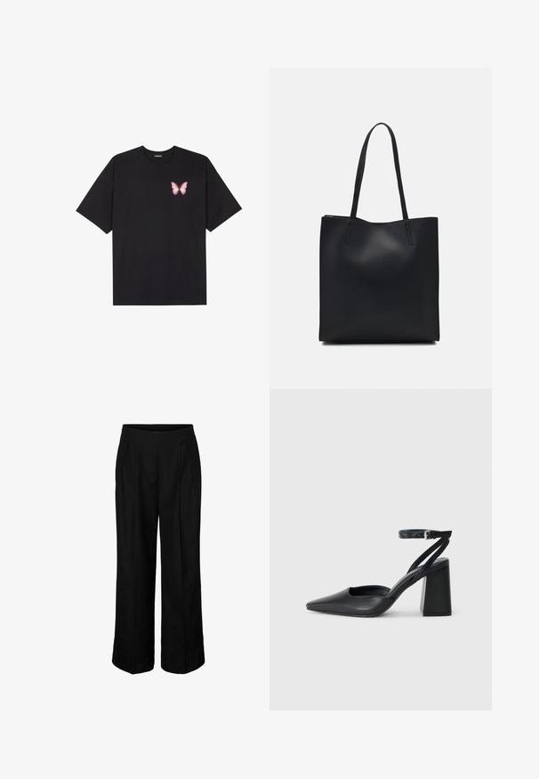 Juodas medvilnės marškinėliai trumpomis rankovėmis, su maža rožine drugelio grafika kairėje krūtinės pusėje. Apvalus kaklo iškirpimas, laisvas kirpimas.; Juodos aukštos juosmens plačios kojų kelnės su priekinėmis klostėmis ir šoninėmis kišenių, skirtos oficialiam arba verslo aprangos stiliui.; Juoda odinė smailiagalė aukštakulnio bateliai su kulkšnies dirželiu ir storu kulnu. Lygus paviršius, elegantiškas dizainas ir minimalistiška estetinė. ; Juodas odinis tote krepšys su lygia tekstūra, stačiakampio formos ir dviem ilgais rankenomis. Matomų metalinių detalių ar puošybos nėra.