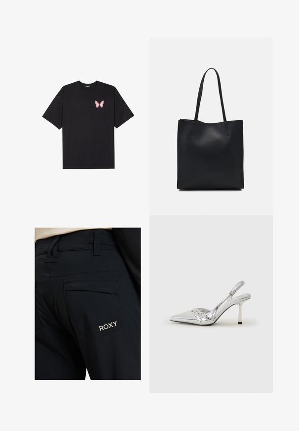 Black cotton t-shirt with short sleeves, featuring a small pink butterfly graphic on the left chest. Crew neck design with a relaxed fit.; Black pants featuring a smooth texture, a tailored fit, and large back pockets. The Roxy logo is embroidered in white on the right pocket.; Silver slingback high heel shoe with a pointed toe, metallic finish, two decorative straps, and a slender heel with a black tip.; Black leather tote bag with smooth texture, rectangular shape, and two long handles. No visible hardware or embellishments.