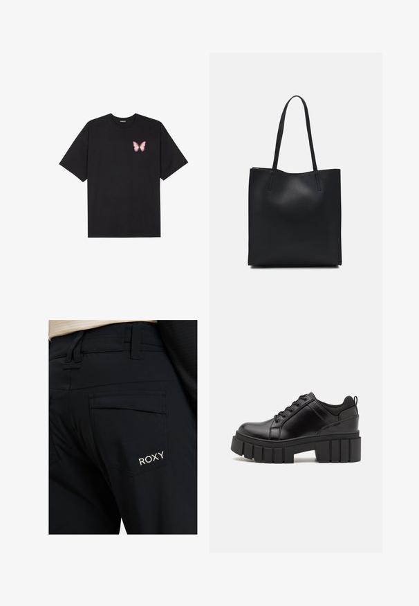 Čierne bavlnené tričko s krátkymi rukávmi, s malým ružovým motýlikom na ľavej hrudi. Design s okrúhlym výstrihom a uvoľneným strihom.; Čierne nohavice s hladkou textúrou, prispôsobeným strihom a veľkými zadnými vreckami. Logo Roxy je vyšívané v bielej farbe na pravom vrecku.; Čierne kožené platformy s masívnym blokovým podpätkom, okrúhlou špičkou a tradičným šnurovaním. Má hladký povrch a minimálne detaily.; Čierna kožená taška na rameno s hladkým povrchom, obdĺžnikovým tvarom a dvoma dlhými uchami. Bez viditeľného kovania alebo ozdôb.
