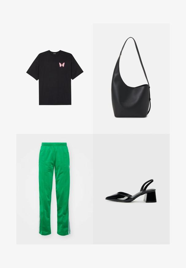 Čierne bavlnené tričko s krátkymi rukávmi, s malým ružovým motýlikom na ľavej hrudi. Design s okrúhlym výstrihom a uvoľneným strihom.; Zelené športové nohavice vyrobené z hladkého materiálu; majú elastický pás a biele pruhy na stranách.; Čierne lakované kožené sandálové podpätky s špicatou špičkou a geometrickým blokovým podpätkom. Disponujú elegantným, minimalistickým dizajnom a hladkým povrchom.; Čierna kožená hobo taška so hladkou textúrou, zakriveným tvarom a jedným nastaviteľným popruhom; má široké otvorenie na vrchu.