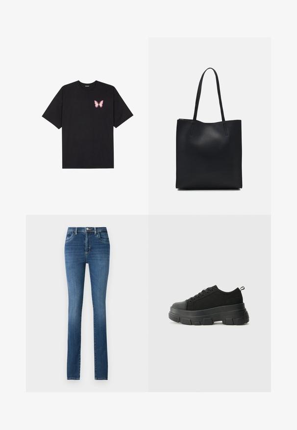 Svart bomulls T-skjorte med korte ermer, med en liten rosa sommerfugl grafikk på venstre bryst. Crew-neck design med en avslappet passform.; Blå denimjeans med rett ben, fem lommer, knapp- og glidelåsbeslag, og en falmet vask med subtile slitasjedetaljer.; Svarte sneakers med en kraftig gummisåle, teksturert stoffoverdel, rund tå og snøring. Har forsterkede snørehull og bakre trekkstang.; Svart lær tote bag med glatt tekstur, rektangulær form og to lange håndtak. Ingen synlige deler eller dekorasjoner.