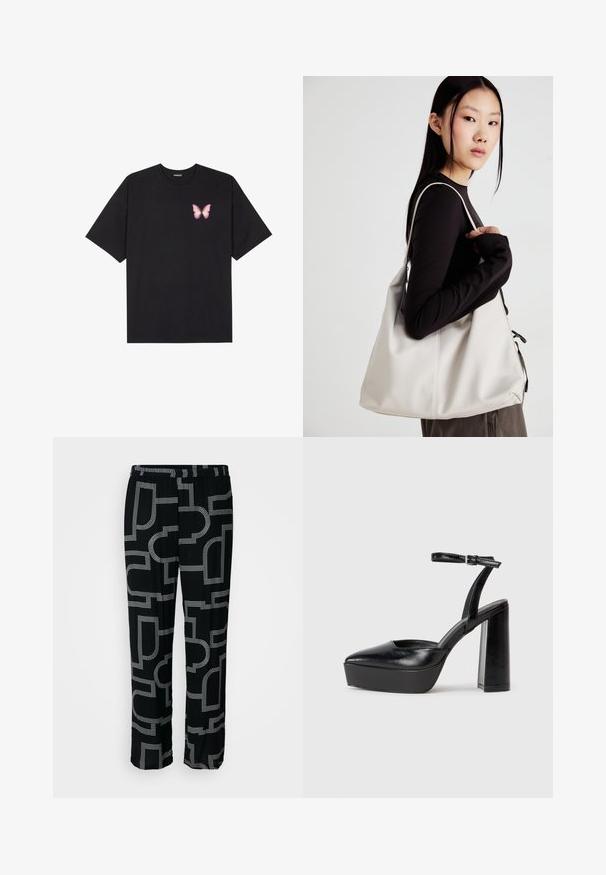 T-shirt de algodão preto com mangas curtas, apresentando um pequeno gráfico de borboleta rosa no lado esquerdo do peito. Design de gola redonda com um corte solto.; Calças pretas com um padrão geométrico branco, apresentando uma cintura elástica e um estilo de perna larga. Tecido suave com uma textura lisa.; Saltos altos pretos com bico fino e atilho ajustável no tornozelo. Confeccionados em couro suave, apresentam um salto bloco robusto.; Uma bolsa bege feita de material macio, com um design descontraído, detalhes de costura e duas alças para o ombro. Adequada para uso diário.