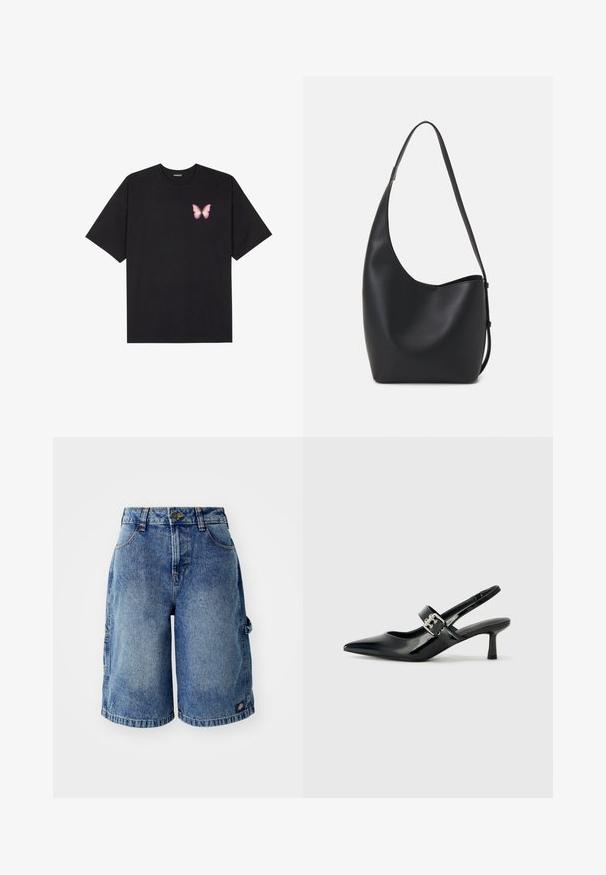 Camiseta de algodón negra de manga corta, con un pequeño gráfico de mariposa rosa en el lado izquierdo del pecho. Diseño de cuello redondo con un corte relajado.; Pantalones cortos de mezclilla en azul claro con un corte relajado, cinco bolsillos y cierre de botón. Presenta detalles de costura y un pequeño parche con el logo.; Zapatos de tacón en charol negro con tira al tobillo, punta afilada y un pequeño tacón bloque, que cuentan con un acento de hebilla plateada en la correa.; Bolso tipo hobo de cuero negro con una textura suave, forma curvada y una sola correa ajustable; presenta una amplia apertura en la parte superior.