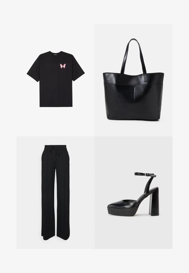 Black cotton t-shirt with short sleeves, featuring a small pink butterfly graphic on the left chest. Crew neck design with a relaxed fit.; Black wide-leg pants made of soft fabric. Features an elastic waistband with a drawstring, clean lines, and no visible patterns or accents.; Black platform heels with a pointed toe and adjustable ankle strap. Constructed from smooth leather, featuring a chunky block heel.; Black leather tote bag with two long handles, a smooth texture, and a structured shape. Features a front pocket for additional storage.