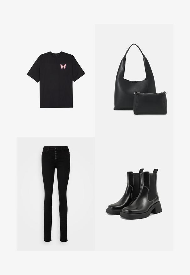 T-shirt de algodão preto com mangas curtas, apresentando um pequeno gráfico de borboleta rosa no lado esquerdo do peito. Design de gola redonda com um corte solto.; Calças skinny de cintura alta pretas em denim, com cinco botões à frente, passantes para cinto e uma textura suave.; Botas Chelsea em couro preto com um salto grosso, painéis laterais elásticos e costura branca em contraste. Acabamento texturizado.; Even&Odd Mala de mão - black