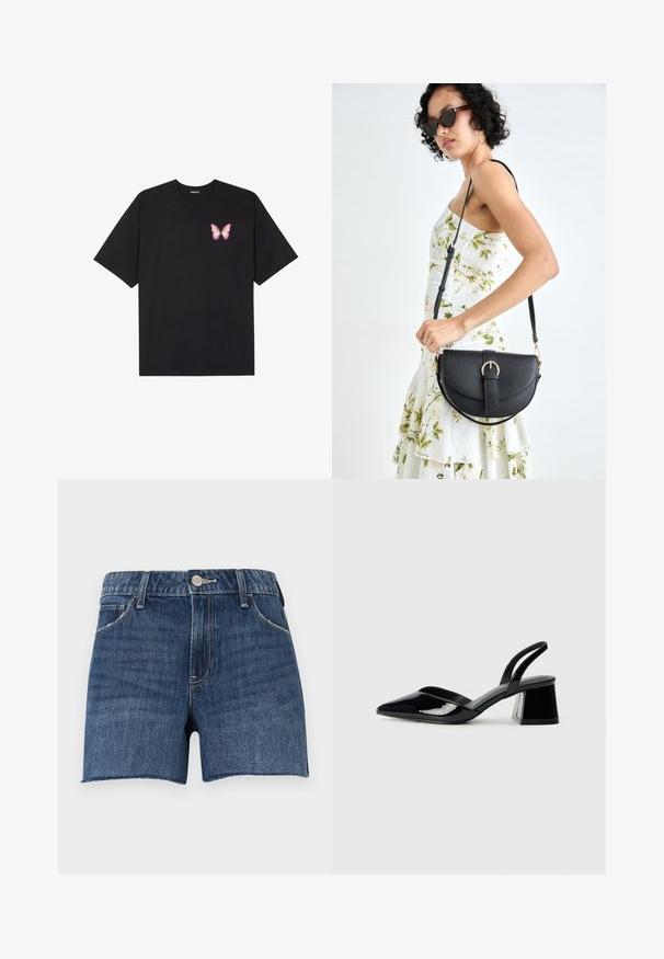 Black cotton t-shirt with short sleeves, featuring a small pink butterfly graphic on the left chest. Crew neck design with a relaxed fit.; Denim shorts in dark blue with a raw hem. Features a five-pocket design and a front metal button closure. Stitched detailing throughout.; Black patent leather slingback heels with a pointed toe and a geometric block heel. Features a sleek, minimal design and smooth texture.; Black leather handbag with a curved shape, detachable strap, and gold hardware. The bag features a flap with a buckle detail.