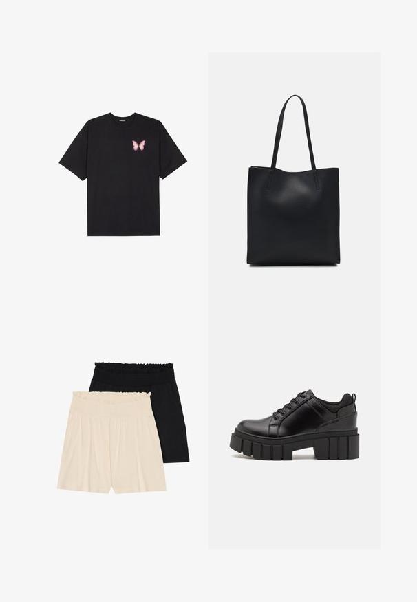 Črna bombažna majica s kratkimi rokavi, ki ima majhen roza metuljček na levi strani prsnega dela. Majica s krožnim ovratnikom in sproščenim krojem.; Dva para kratkih hlač odprtega kroja: en par v kremni barvi in en par črne barve, oba z nabranimi elastičnimi pasovi in nežnim, lahkim materialom.; Črne usnjene platforme z debelim blokastim petam, okroglo konico in klasičnim vezanjem. Imajo gladko teksturo in minimalne podrobnosti.; Črna usnjena torba s svilnato teksturo, pravokotne oblike in dvema dolgima ročajema. Brez vidnih metalnih delov ali okrasnih elementov.