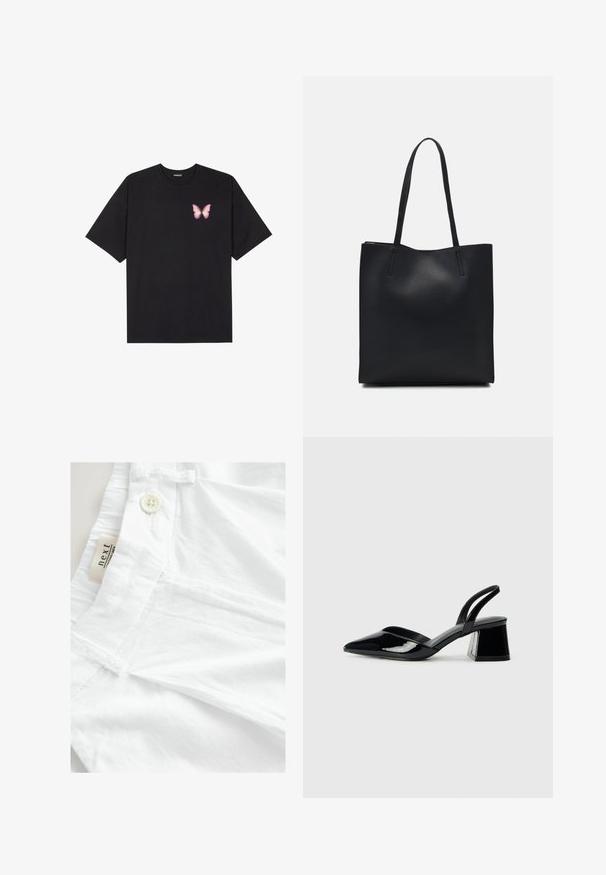Czarny bawełniany t-shirt z krótkim rękawem, z małym różowym motylkiem na lewej piersi. Klasyczny dekolt z luźnym fasonem.; Białe spodnie wykonane z lekkiego materiału, z zapięciem na guzik, płaskim pasem i metką z napisem "next". Gładka tekstura i brak wzorów.; Czarne lakierowane półbuty na obcasie z wydłużonym noskiem i geometrycznym słupkiem. Charakteryzują się eleganckim, minimalistycznym designem oraz gładką fakturą.; Czarna skórzana torba tote o gładkiej fakturze, prostokątnym kształcie i dwóch długich uchwytach. Brak widocznych elementów metalowych i ozdób.