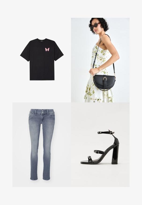 Črna bombažna majica s kratkimi rokavi, ki ima majhen roza metuljček na levi strani prsnega dela. Majica s krožnim ovratnikom in sproščenim krojem.; Usnjene hlače v svetlo modrem denimu, ki imajo klasičen pet-žepni dizajn, zapiranje z dvema gumboma ter rahlo zbledelost na sprednji strani.; Črne lakaste sandale z visokimi petami, z dvema trakovoma z zaponkama, kvadratnim sprednjim delom in masivno širšo peto, z gladko, sijočo teksturo.; Črna usnjena torbica s ukrivljeno obliko, z odstranljivo naramnico in zlatimi dodatki. Torbica ima pokrov s podrobnostmi v obliki zaponke.