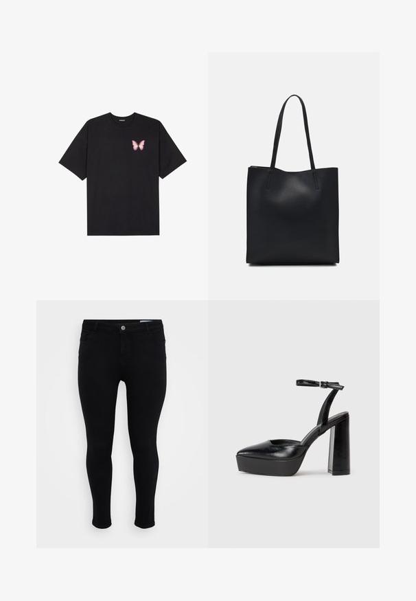 Black cotton t-shirt with short sleeves, featuring a small pink butterfly graphic on the left chest. Crew neck design with a relaxed fit.; Black slim-fit pants with button and zipper closure, front and back pockets, and belt loops on a plain white background.; Black platform heels with a pointed toe and adjustable ankle strap. Constructed from smooth leather, featuring a chunky block heel.; Black leather tote bag with smooth texture, rectangular shape, and two long handles. No visible hardware or embellishments.