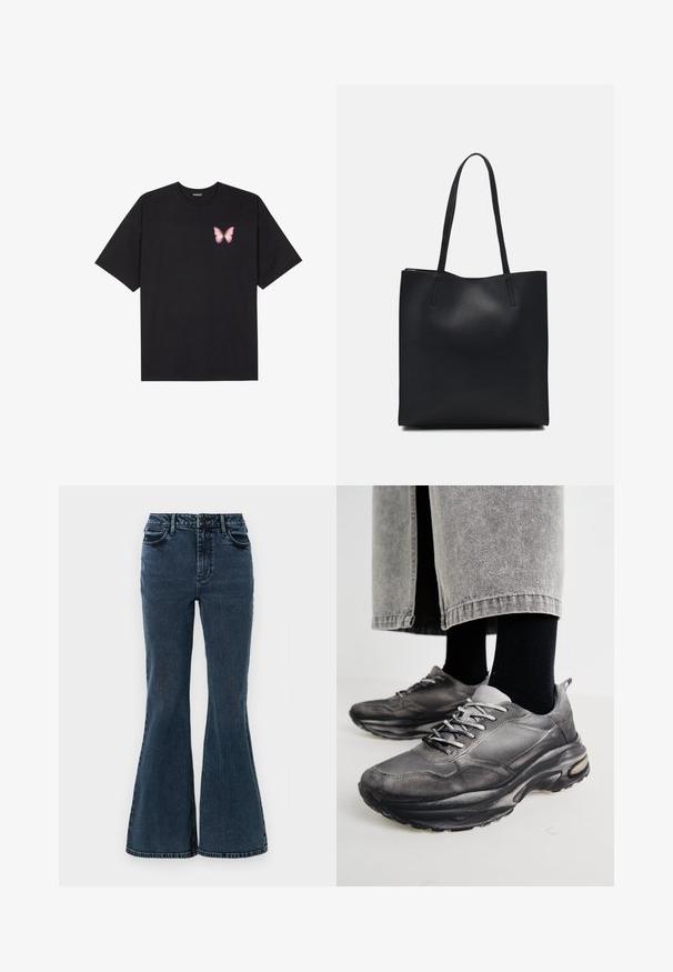 Črna bombažna majica s kratkimi rokavi, ki ima majhen roza metuljček na levi strani prsnega dela. Majica s krožnim ovratnikom in sproščenim krojem.; Temno modri traperje z razširjenim krojem in visokim pasom, ki ima dve sprednji žepki, vidno šivanje in širok odprtine za noge na dnu.; Črne in sive športne čevlje imajo mrežast zgornji del, debele podplate in vezalke. Imajo zaobljen nos in opazne podrobnosti oblazinjenja.; Črna usnjena torba s svilnato teksturo, pravokotne oblike in dvema dolgima ročajema. Brez vidnih metalnih delov ali okrasnih elementov.