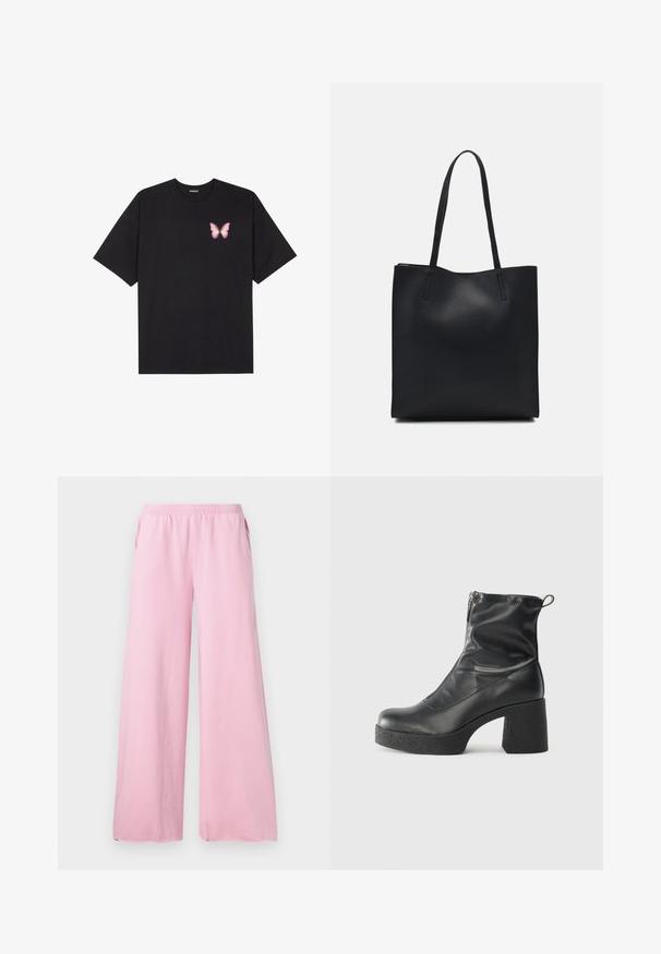 T-shirt de algodão preto com mangas curtas, apresentando um pequeno gráfico de borboleta rosa no lado esquerdo do peito. Design de gola redonda com um corte solto.; Calças largas cor-de-rosa feitas de tecido suave, com uma cintura elástica e bolsos laterais. Apresenta um corte reto e fluido.; Botas de tornozelo pretas feitas de couro liso, com fecho lateral, salto grosso texturizado e design de bico arredondado.; Bolsa tote preta em couro com textura lisa, forma retangular e duas alças longas. Sem hardware ou enfeites visíveis.