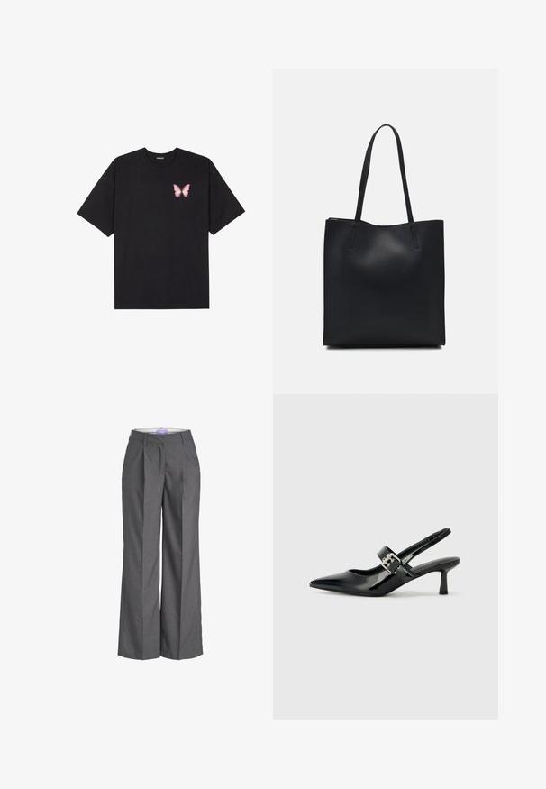 Sort bomulds T-shirt med korte ærmer, prydet med en lille pink sommerfugl grafik på venstre bryst. Rund hals design med en afslappet pasform.; Grå brede benbukser lavet af et tekstureret stof, med flad front og pyntede folder samt en standard livvidde, ideelle til formelt tøj.; Sorte laker slingback hæle med spids tå og en lille blokhæl, med en sølvspændeaccent på remmen.; Sort læder tote taske med glat tekstur, rektangulær form og to lange hanke. Ingen synlig hardware eller udsmykninger.