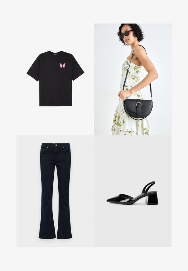 Black cotton t-shirt with short sleeves, featuring a small pink butterfly graphic on the left chest. Crew neck design with a relaxed fit.; Flared jeans made of dark denim with a smooth texture. Features front pockets, a button closure, and stitched hem detailing.; Black patent leather slingback heels with a pointed toe and a geometric block heel. Features a sleek, minimal design and smooth texture.; Black leather handbag with a curved shape, detachable strap, and gold hardware. The bag features a flap with a buckle detail.