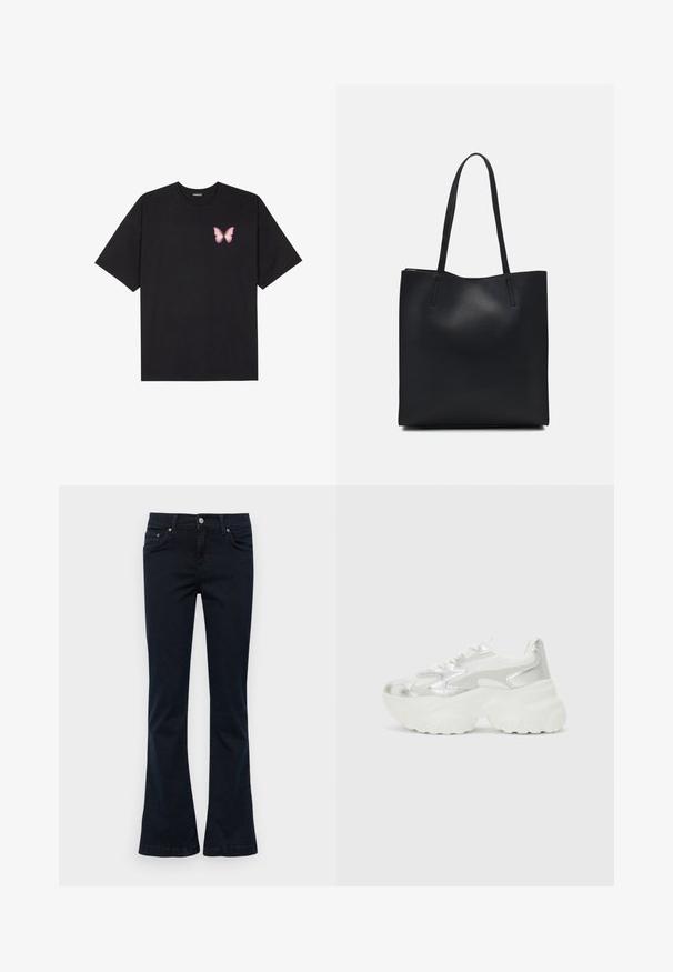 Must muströöpidega must puuvillane T-särk, vasakul rinnal on väike roosa liblikas. Ümar kaelus ja vabalt istuv lõige.; Tumedatehnikaga flared teksased, mis on valmistatud tumedast teksakangast, millel on sile pind. Omab esi-taskuid, nupulukku ja õmblusega serva detaile.; Hõbedane sneaker, millel on tekstuuriga võrgust ülemine osa ja iridesSentne aktsent, pakub tummist valget tallat ja nööridega sulgemist.; Mustast nahast kott sujuva tekstuuriga, ristkülikukujuline ja kahe pika sangaga. Pole nähtavat riistvara ega kaunistusi.