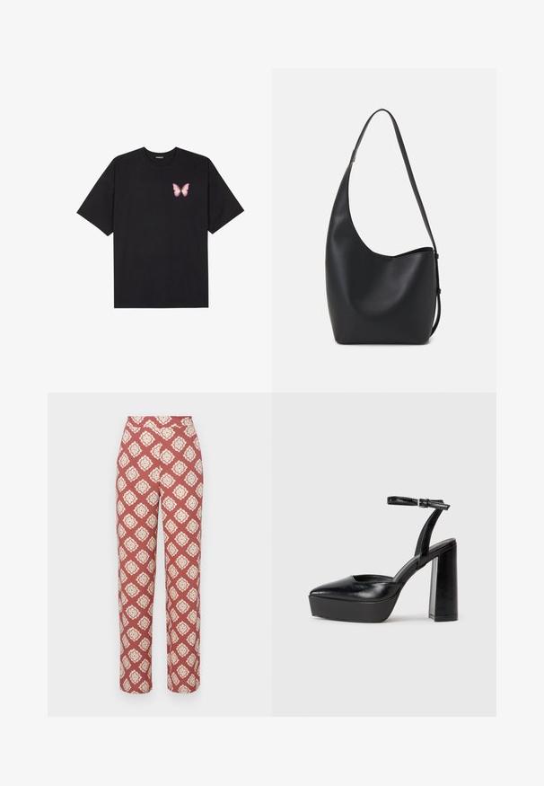 Black cotton t-shirt with short sleeves, featuring a small pink butterfly graphic on the left chest. Crew neck design with a relaxed fit.; Fabric trousers in a rust color featuring an intricate white floral diamond pattern, with a straight-leg design and a high waist.; Black platform heels with a pointed toe and adjustable ankle strap. Constructed from smooth leather, featuring a chunky block heel.; Black leather hobo bag with a smooth texture, curved shape, and single adjustable strap; features a wide opening at the top.