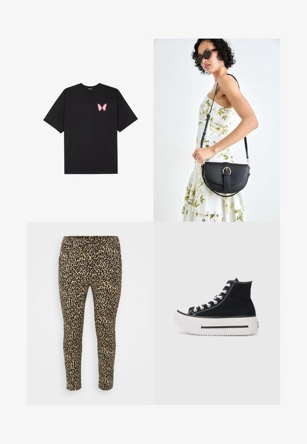 Black cotton t-shirt with short sleeves, featuring a small pink butterfly graphic on the left chest. Crew neck design with a relaxed fit.; Leopard print leggings in tan and black, featuring a drawstring waist, slim fit, and soft, stretchy fabric for comfort.; Black high-top sneaker made of canvas, featuring white stitching, rubber toe cap, thick white platform sole, and black stripe detail.; Black leather handbag with a curved shape, detachable strap, and gold hardware. The bag features a flap with a buckle detail.