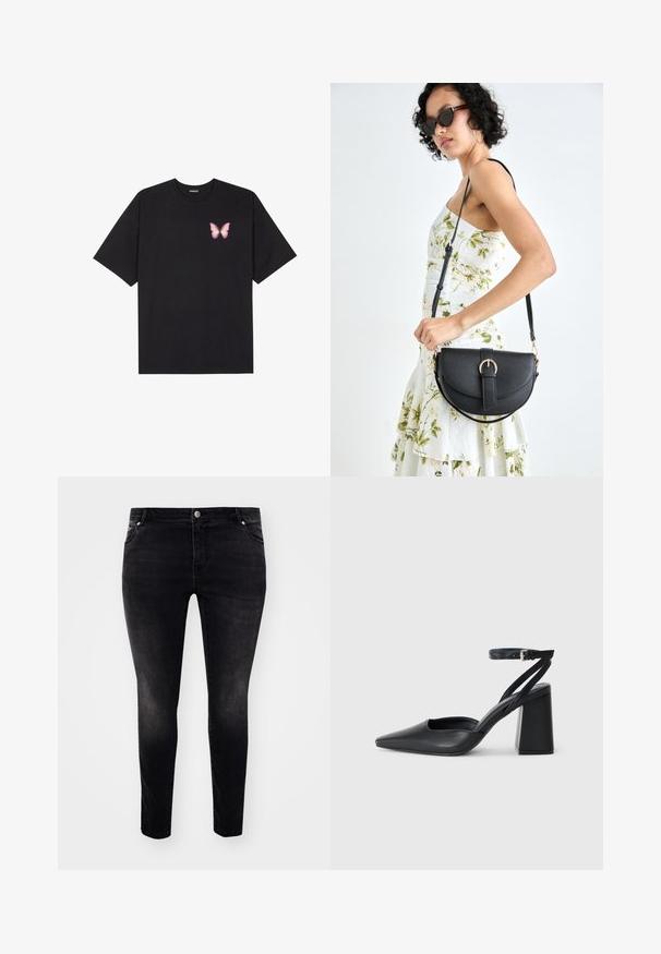 Must muströöpidega must puuvillane T-särk, vasakul rinnal on väike roosa liblikas. Ümar kaelus ja vabalt istuv lõige.; Mustritud mustad teksad kitsast lõikega, viie tasku ja nööpidega kinnitusega, millel on kerge tuhmumine tekstuuri lisamiseks. Minimalistlik stiil, ilma nähtavate mustriteta.; Mustmustest must-käigukingad, millel on konksuga nöör ja paks konts. Ühtlane tekstuur, stiilne disain ja minimalistlik esteetika.; Mustmust mustraha kõverate joontega, eemaldatava rihmaga ja kuldsete detailidega. Kotil on klapp, millel on pandladetail.