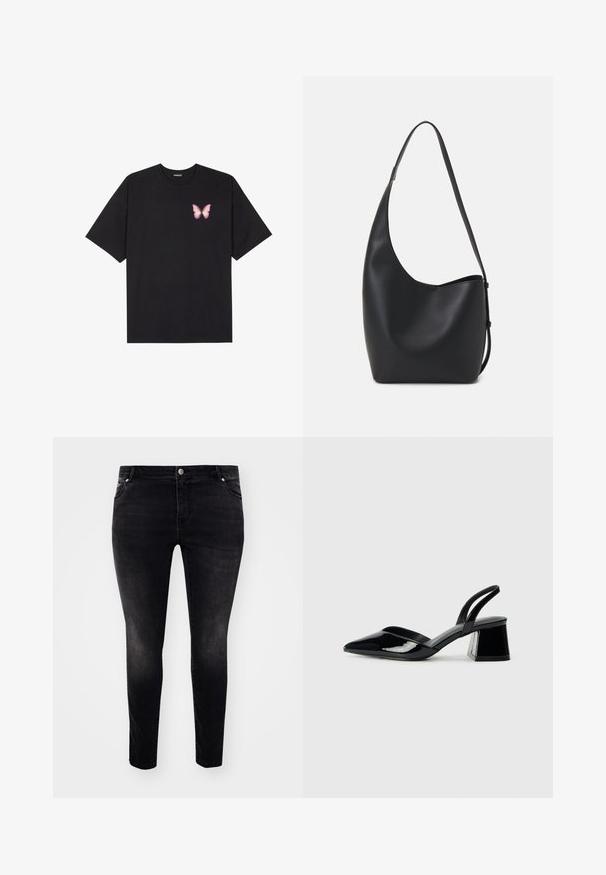 T-shirt de algodão preto com mangas curtas, apresentando um pequeno gráfico de borboleta rosa no lado esquerdo do peito. Design de gola redonda com um corte solto.; Calças de ganga pretas com um corte slim, design de cinco bolsos, fecho de botão e ligeira degradação para textura. Estilo minimalista, sem padrões visíveis.; Sandy em verniz preto com salto slingback, ponta afilada e salto geométrico. Apresenta um design elegante e minimalista com textura suave.; Saco hobo preto em pele com uma textura lisa, forma curva e uma única alça ajustável; apresenta uma abertura larga na parte de cima.