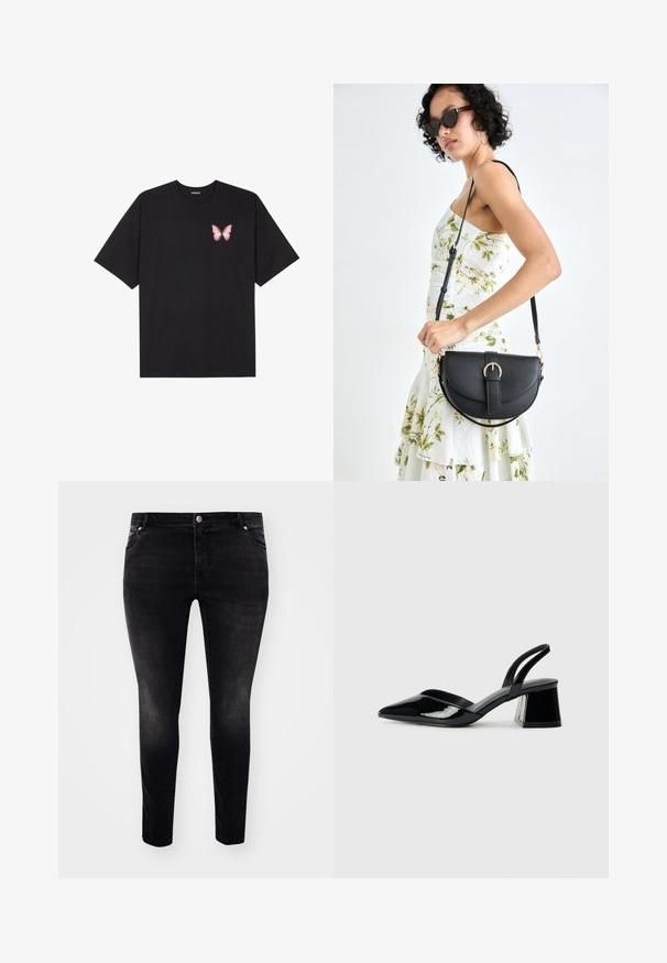 Svart bomulls T-skjorte med korte ermer, med en liten rosa sommerfugl grafikk på venstre bryst. Crew-neck design med en avslappet passform.; Svarte denimjeans med slim fit, fem lommer, knappelukking og liten falming for tekstur. Minimalistisk stil, ingen synlige mønstre.; Svarte patentlær slingback hæler med spiss tå og geometrisk blokk hæl. Har et stilrent, minimalistisk design og jevn tekstur.; Svart lærveske med en buet form, avtagbar stropp og gullbeslag. Vesken har et klaff med spenne-detall.