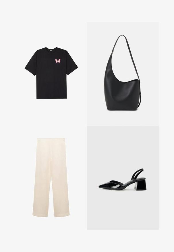 Musta puuvillapaita lyhyillä hihoilla, jossa on pieni vaaleanpunainen perhosgrafiikka vasemmassa rinnassa. Pyöreä kaula-aukko ja rento istuvuus.; Mango Housut - mottled beige; Mustat patentoitu nahkakengät, joissa on säären takaosa ja terävä kärki, sekä geometrinen palikkakorko. Sisältää tyylikkään, minimalistisen muotoilun ja sileän pinnan.; Musta nahkainen hobo-laukku, jossa on sileä pinta, kaareva muoto ja yksi säädettävä olkahihna; sisäänkäynti on leveä ylhäältä.