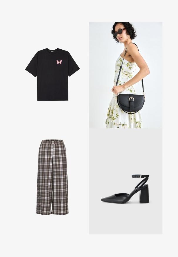 T-shirt de algodão preto com mangas curtas, apresentando um pequeno gráfico de borboleta rosa no lado esquerdo do peito. Design de gola redonda com um corte solto.; Calças largas de xadrez em castanho, branco e cinza; cintura elástica; tecido macio; apresenta um padrão clássico de xadrez.; Sandal com biqueira afilada em couro preto, com cinta no tornozelo e salto grosso. Textura lisa, design elegante e estética minimalista.; Bolsa de couro preta com forma curva, alça destacável e detalhes em dourado. A bolsa possui uma aba com detalhe de fivela.
