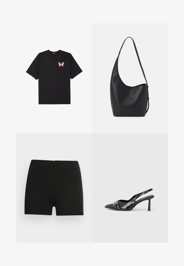 T-shirt en coton noir à manches courtes, avec un petit graphique de papillon rose sur la poitrine gauche. Modèle à col rond avec une coupe décontractée.; Shorts en coton noir au design ajusté et à taille élastique. Texture lisse, longueur mi-cuisse, sans motifs ni accents visibles.; Chaussure slingback en cuir verni noir avec un embout pointu, des brides de cheville avec des boucles en argent et des éléments en métal, et un talon fin.; Sac hobo en cuir noir avec une texture lisse, une forme incurvée et une seule sangle réglable ; dispose d'une large ouverture en haut.