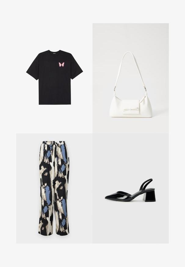 Črna bombažna majica s kratkimi rokavi, ki ima majhen roza metuljček na levi strani prsnega dela. Majica s krožnim ovratnikom in sproščenim krojem.; Sproščene hlače s potiskom v mešanici kremne, črne in modre barve z teksturiranim, abstraktnim vzorcem. Imajo elastičen pas z vrvico.; Črne lakirane slingback pete s koničastim nosom in geometrijsko blokasto peto. Imajo eleganten, minimalističen dizajn in gladko teksturo.; Bela sintetična torbica v obliki trikotnika, z ravnim sprednjim poklopcem in detajlom mašne, nastavljivim trakom, gladko teksturo in minimalističnim dizajnom.