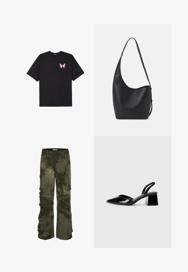 Melna kokvilnas T-krekls ar īsām piedurknēm, kuram priekšā kreisajā pusē ir neliels rozā tauriņa grafiskais attēls. Ar apaļu kaklu un brīvā stila piegriezumu.; Kargo bikses tumši olīvu zaļā krāsā ar tievgāzēšanu. Tām ir vairāki sānu kabatas un regulējami sānu saišu aizdari pie piedurknēm.; Melna lakota āda ar atvērto papēdi, ar smailu purngalu un ģeometrisku blokpapēdi. Iezīmējas elegants, minimāls dizains un gluda tekstūra.; Melnas ādas hobo soma ar gludu tekstūru, izliekta forma un vienu regulējamu jostu; augšā ir plaša atvere.