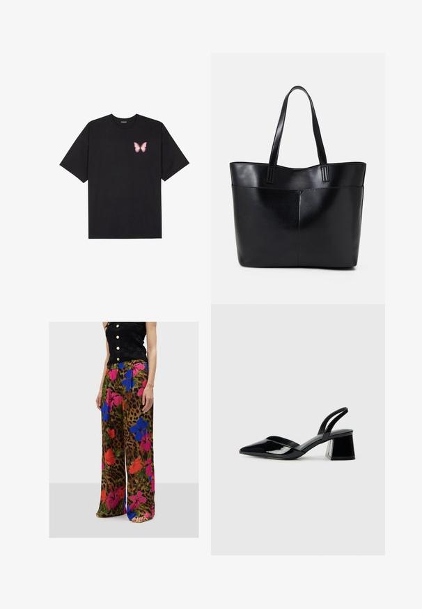 Zwarte katoenen t-shirt met korte mouwen, voorzien van een kleine roze vlinder graphic op de linkerkant van de borst. Crew neck ontwerp met een relaxte fit.; Bloemenprint pantalon met wijde pijpen en een luipaardpatroon, met levendige roze, blauwe en rode bloemen op een bruine achtergrond.; Zwarte gepatineerde leren slingback hakken met een spitse neus en een geometrische blokhak. Kenmerkt zich door een slank, minimalistisch ontwerp en een gladde textuur.; Zwarte leren tote bag met twee lange handvatten, een zachte textuur en een gestructureerde vorm. Voorzien van een voorvak voor extra opslagruimte.