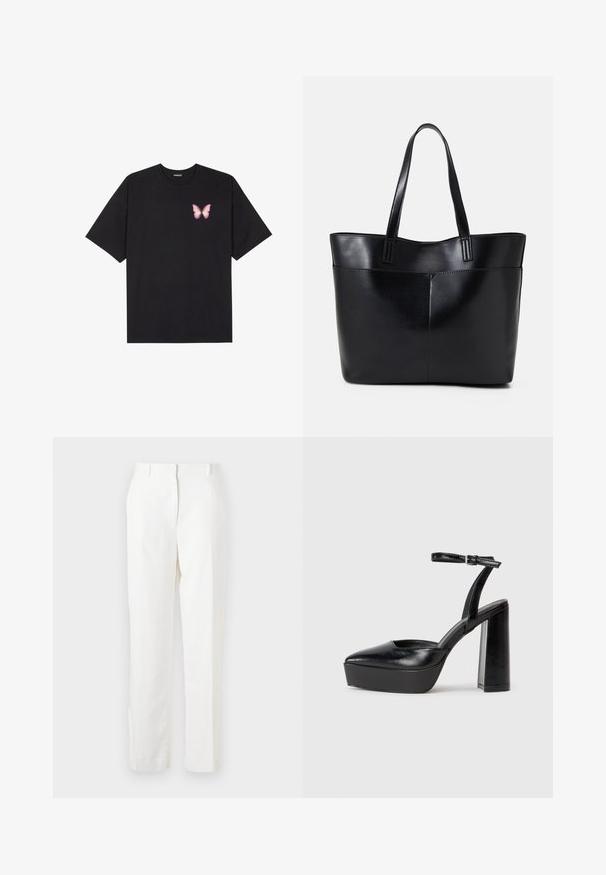 Zwarte katoenen t-shirt met korte mouwen, voorzien van een kleine roze vlinder graphic op de linkerkant van de borst. Crew neck ontwerp met een relaxte fit.; Witte, rechte broek gemaakt van lichtgewicht stof met een lichte textuur. Voorzien van zijzakken en een enkele plooi voor extra detail.; Zwarte plateauhakken met een puntige neus en verstelbare enkelband. Gemaakt van soepel leer, met een robuuste blokhak.; Zwarte leren tote bag met twee lange handvatten, een zachte textuur en een gestructureerde vorm. Voorzien van een voorvak voor extra opslagruimte.