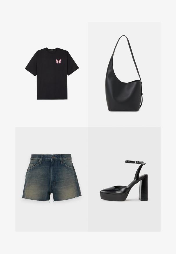 Tricou negru din bumbac cu mâneci scurte, având pe partea stângă a pieptului un mic grafic cu un fluture roz. Design cu guler rotund și croială lejeră.; Shorts din denim de culoare albastru închis cu un aspect decolorat. Au închidere cu nasture, cinci buzunare și tiv destrămat. Marginile brute adaugă textură.; Pantofi cu toc platformă negri, cu vârful ascuțit și curea reglabilă la gleznă. Confecționați din piele netedă, având un toc gros.; Geantă hobo din piele neagră, cu o textură netedă, formă curbată și un singur bretele ajustabil; are o deschidere largă în partea de sus.