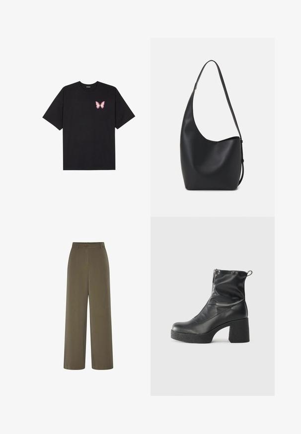 Fekete pamut póló rövid ujjakkal, bal mellkason egy kis rózsaszín pillangó grafikával. Kerek nyakú kialakítás, laza fazonnal.; Olíva zöld anyagból készült, bő szabású nadrág, gombos záródással és sima textúrával. Testre szabott kivitel, minimalista esztétikával.; Fekete bokacsizmák sima bőrből, oldalsó cipzárral, vastag, texturált sarkú és lekerekített orrú dizájnnal.; Fekete bőr hobo táska sima textúrával, ívelt formával és egyetlen állítható pánttal; széles nyílás található a tetején.